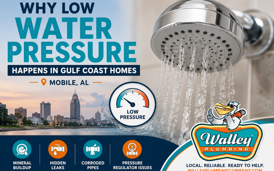 Walley Plumbing Company featured image showing low water pressure issues in Gulf Coast homes with Mobile, AL plumbing branding and company logo.