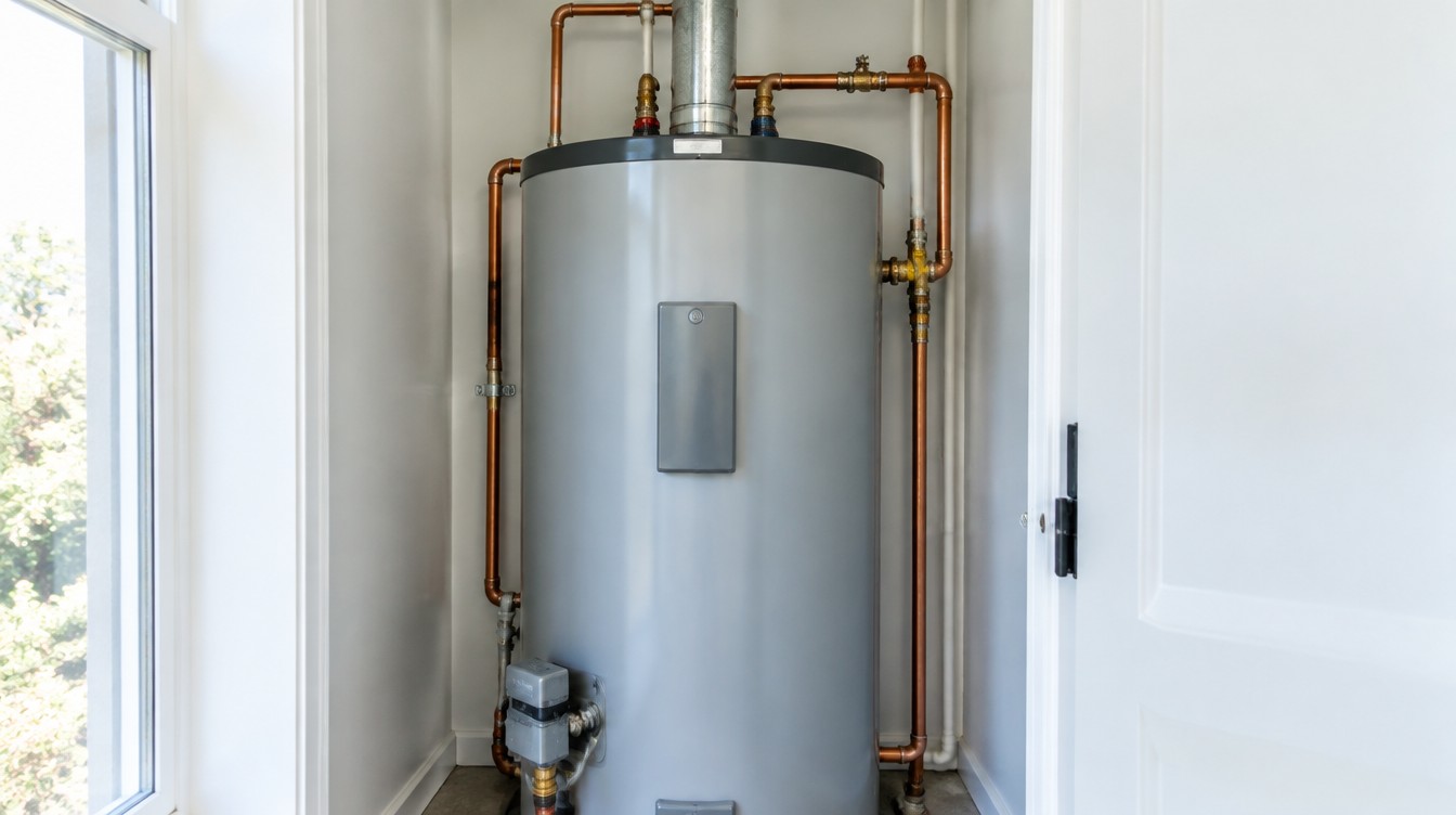 Modern residential tank water heater installed in a utility closet in Mobile, AL