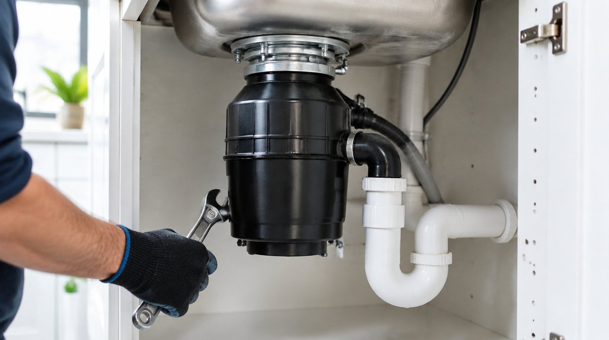 New garbage disposal installed under a kitchen sink by a Mobile, AL plumber