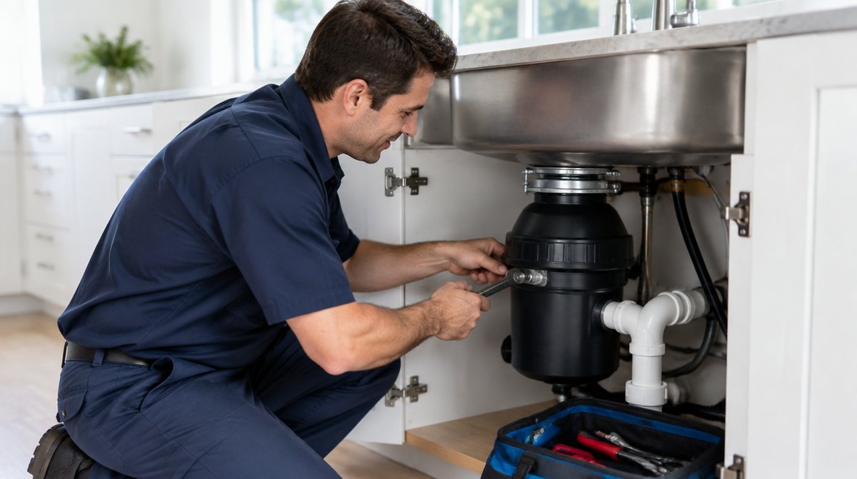 Plumber repairing a garbage disposal under a kitchen sink in Mobile, AL